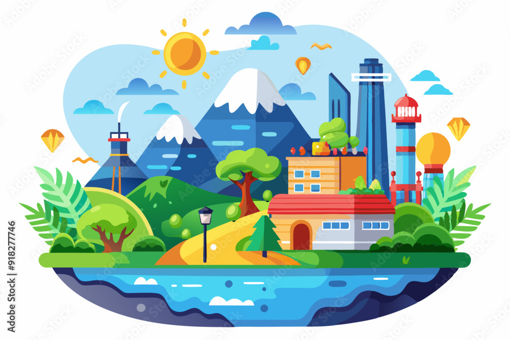 A Vibrant Cityscape Surrounded by Lush Nature and Mountains A Vibrant Cityscape Surrounded by Lush Nature and Mountains