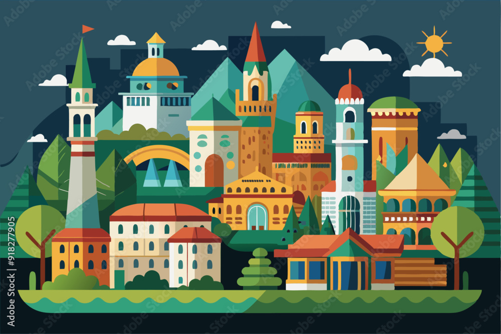 Fototapeta premium A Colorful Cityscape with Towers and Houses