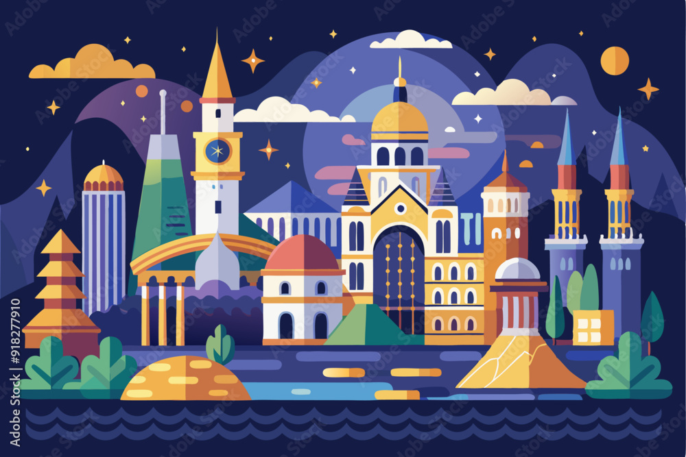 Fototapeta premium Nighttime Cityscape with Diverse Architecture and a River