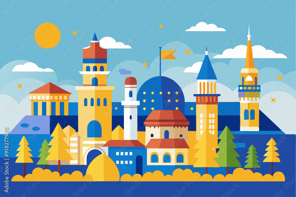 A Cityscape with Tall Buildings, a Dome, and Trees A Cityscape with Tall Buildings, a Dome, and Trees