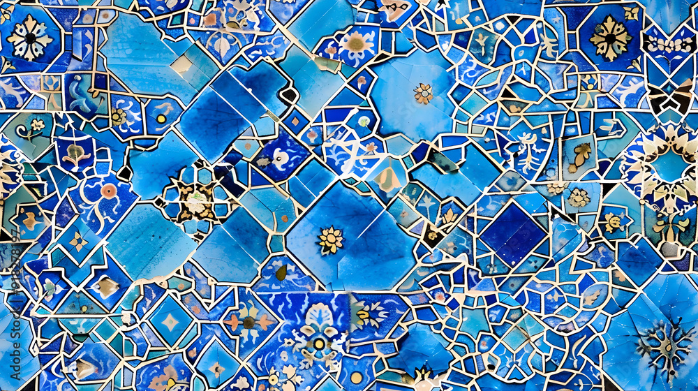 Traditional Persian mosaic wall with geometric and floral designs in Iran Blue ceramic tile background for text Traditional Persian mosaic wall with geometric and floral designs in Iran Blue ceramic tile background for text