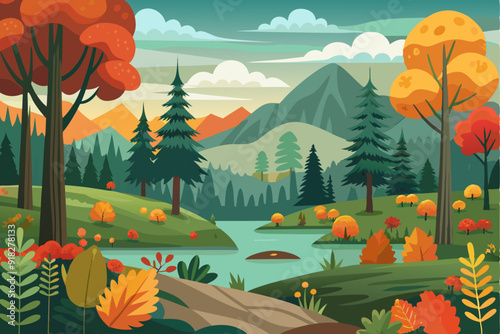 Autumnal Landscape with River and Mountains