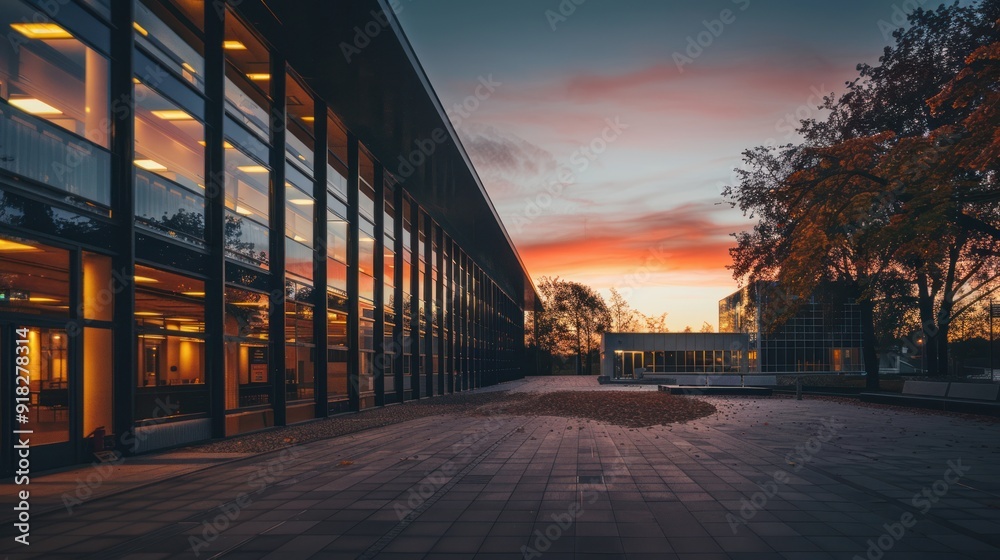 Fototapeta premium Exterior of a university building at sunset, with lights illuminating the structure.