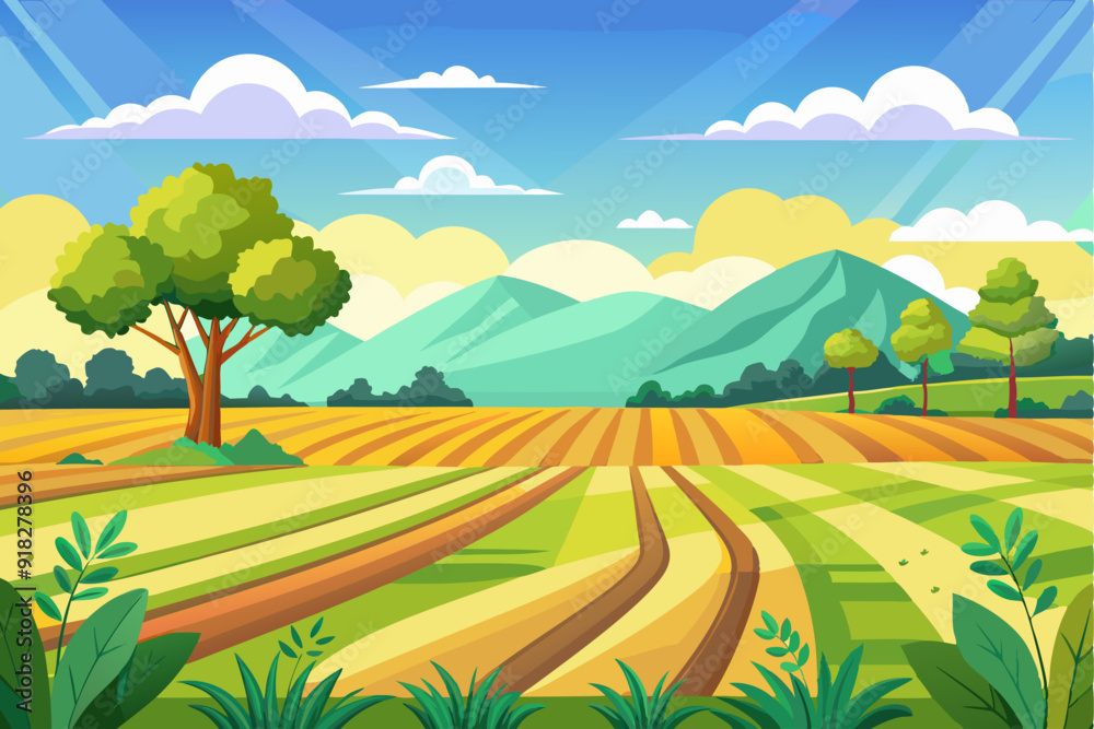 Fototapeta premium Lush Green Field with Mountains and a Tree in the Foreground