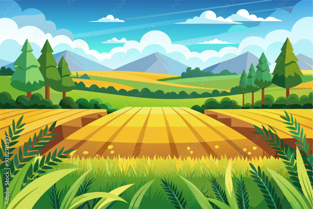 A Vibrant Summer Landscape with Rolling Hills, Green Trees, and a Lush Meadow A Vibrant Summer Landscape with Rolling Hills, Green Trees, and a Lush Meadow
