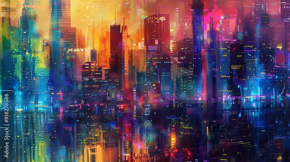 Abstract city skyline illuminated by colorful lights during twilight
