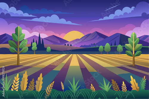 Sunset Over a Mountain Range and Farmland