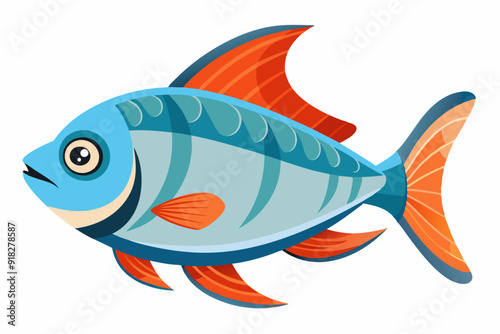 Cartoon Illustration of a Blue and Orange Fish with Striped Fins