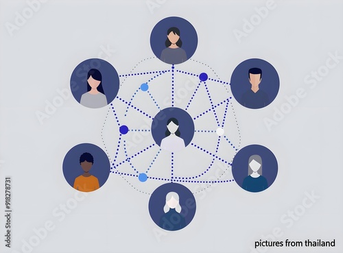 illustration of social network connections between people and their connections to each other. Circle shapes, corner in a blue text box. In a minimalist style and using vector graphics and flat design