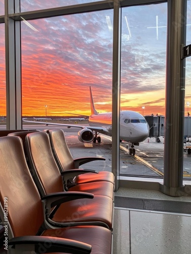 Sunset view from an airport lounge, showcasing vibrant colors and an airplane waiting at the gate.