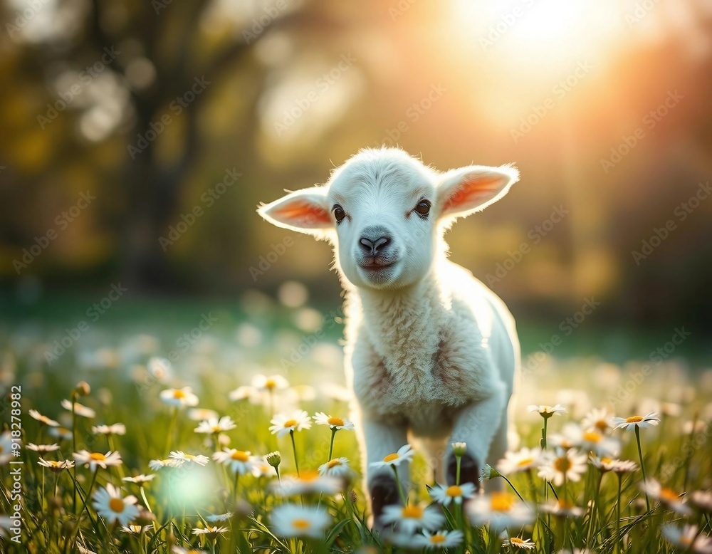 Fototapeta premium Portrait of a little lamb in a meadow on a sunny day.