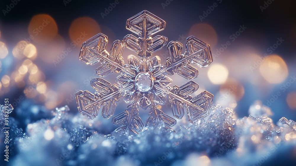 Macro of Geometric Snowflake on Frosty Surface with Warm Bokeh Lights Macro of Geometric Snowflake on Frosty Surface with Warm Bokeh Lights
