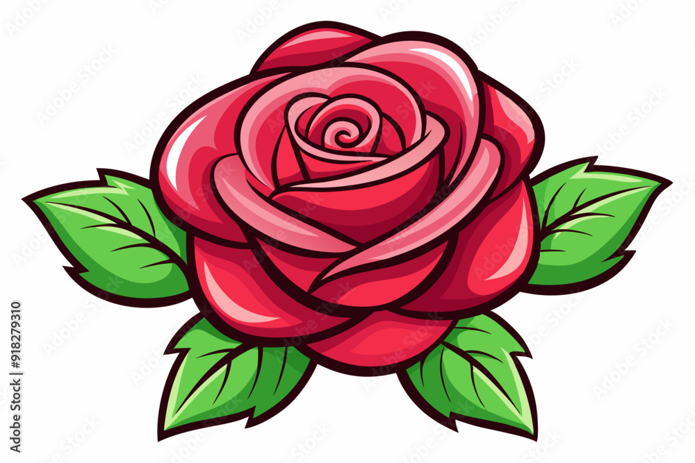 Cartoon Illustration of a Red Rose with Green Leaves Cartoon Illustration of a Red Rose with Green Leaves