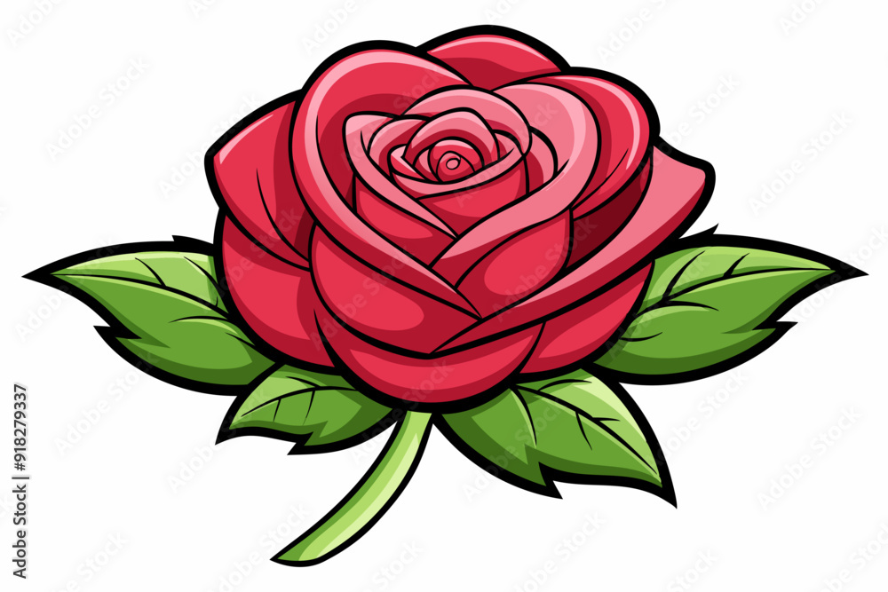 Cartoon Illustration of a Single Red Rose with Green Leaves Cartoon Illustration of a Single Red Rose with Green Leaves