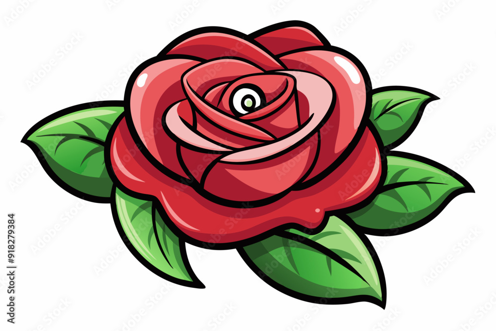 Cartoon Red Rose with Green Leaves Cartoon Red Rose with Green Leaves