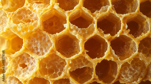 Close-Up of Honeycomb Texture with Detailed Golden Hexagonal Cells