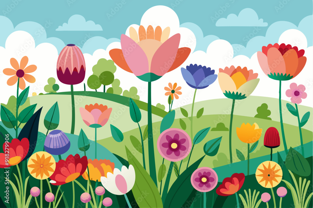 Colorful Flower Garden with a Blue Sky and Clouds Colorful Flower Garden with a Blue Sky and Clouds