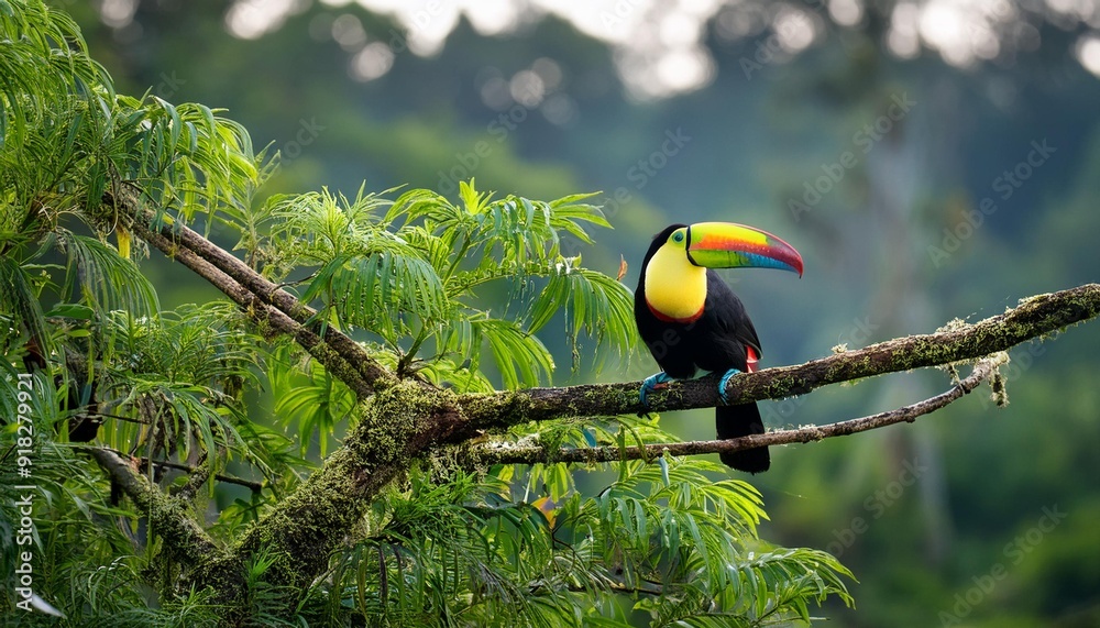 A toucan, vividly colored, perches on a palm tree branch against a lush tropical backdrop filled with foliage and tall palms A toucan, vividly colored, perches on a palm tree branch against a lush tropical backdrop filled with foliage and tall palms