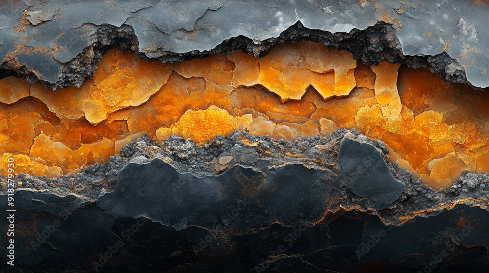 Close-Up of Cracked Rock Layers with Vibrant Orange and Dark Grey Textures Close-Up of Cracked Rock Layers with Vibrant Orange and Dark Grey Textures