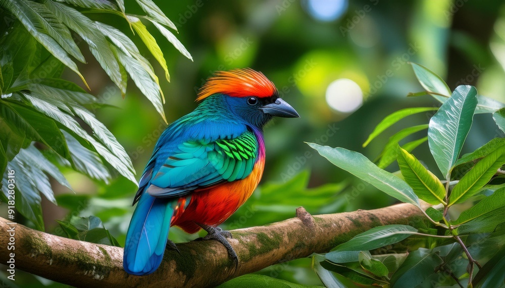 Obraz premium A vibrant bird perches on a tree branch against a backdrop of a lush, green-yellow forest adorned with foliage