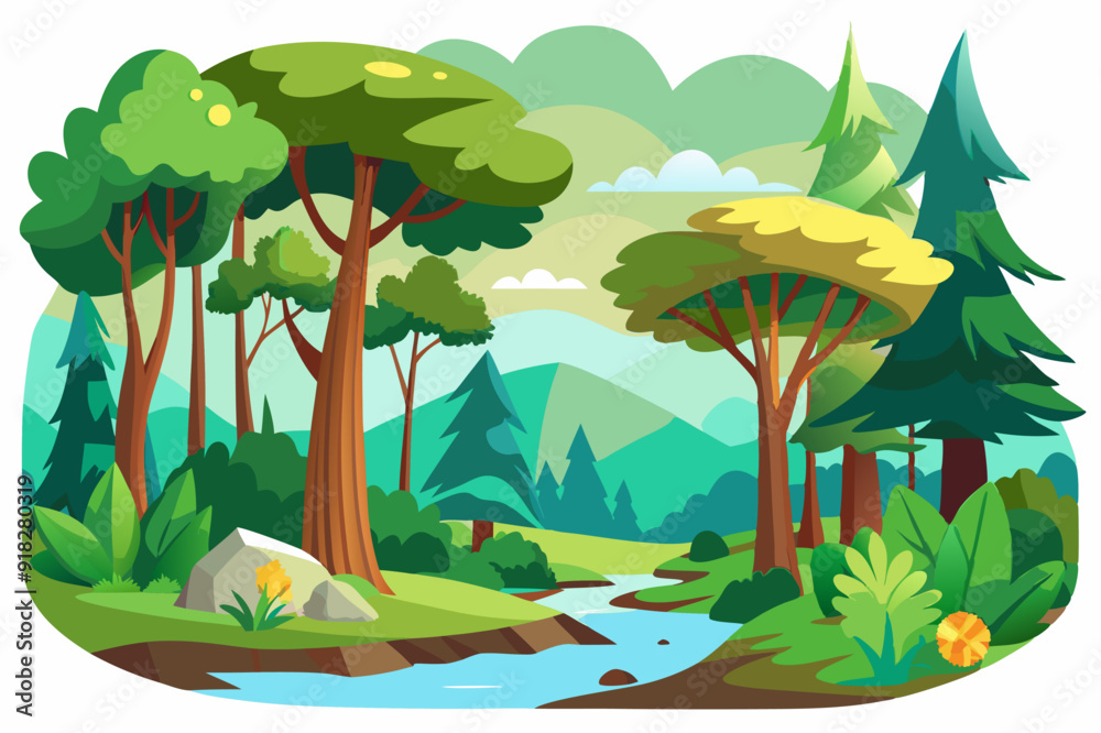 Naklejka premium Lush Forest Landscape with Winding River and Tall Trees