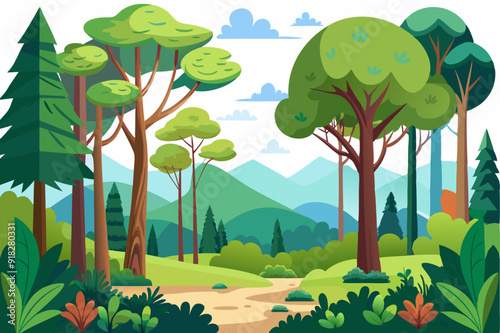 Lush Green Forest with Winding Path and Blue Mountains in the Distance