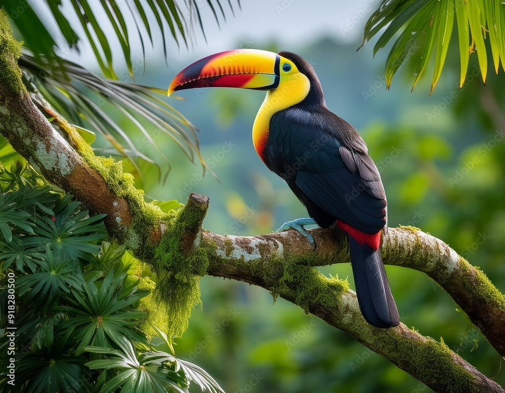 Fototapeta premium A vibrant toucan perches on a palm branch against a backdrop of lush tropical foliage and swaying palms