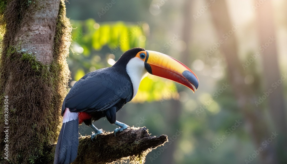 Obraz premium A vibrant toucan perches on a palm branch against a backdrop of lush tropical foliage and swaying palms