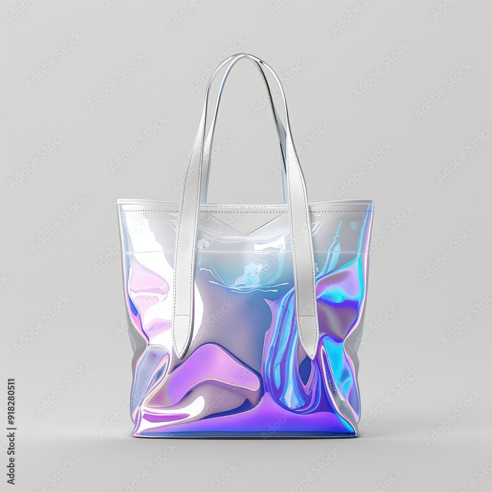 A shiny, iridescent tote bag with silver handles, designed for stylish carrying. A shiny, iridescent tote bag with silver handles, designed for stylish carrying.
