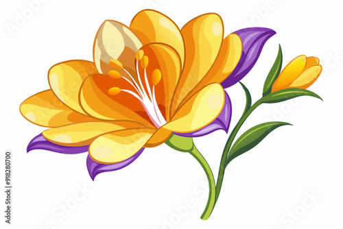 Yellow Flower with Purple Petals and Green Stem