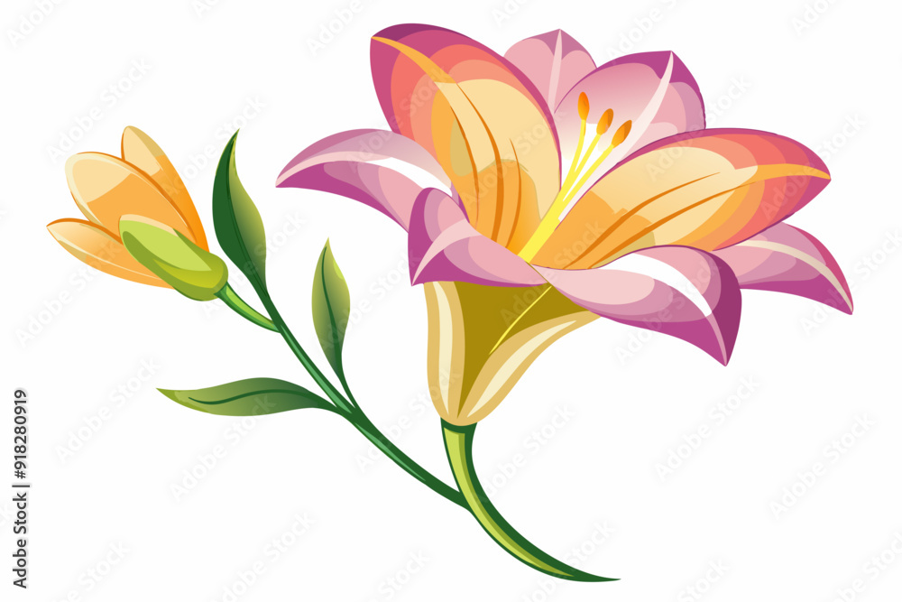 Naklejka premium A Single Pink and Yellow Flower with a Bud and Green Stem