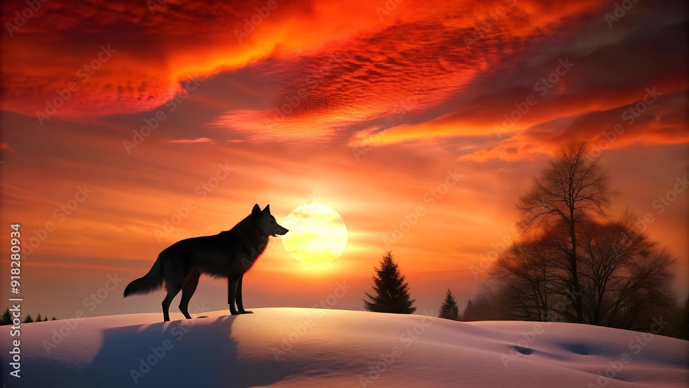 Solitary Shadow: A Wolf Silhouetted Against a Blood Red Sunset in the Snowy Wilderness Generative AI Solitary Shadow: A Wolf Silhouetted Against a Blood Red Sunset in the Snowy Wilderness Generative AI