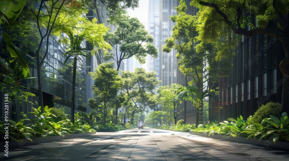 Obraz premium Lush green pathway in a modern city surrounded by tall buildings during daytime