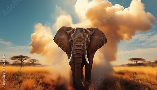 An elephant emitting much smoke from its trunk amidst a darkened sky