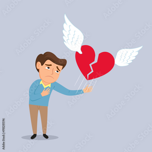 A man with a broken heart watching his heart flying away ,Cartoon character heartbroken man. Flat, Vector, Illustration, Cartoon, EPS10.   