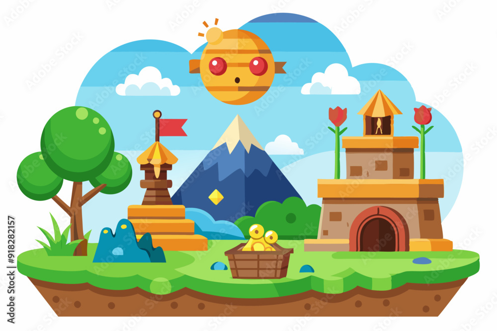 Obraz premium A Cartoon Fantasy Landscape with a Sun, Castle, Mountain, and Tree