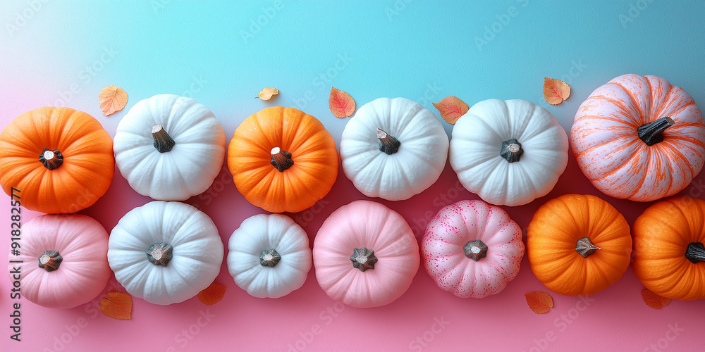 Pumpkins orange, pink, white, pink on pink with blue background