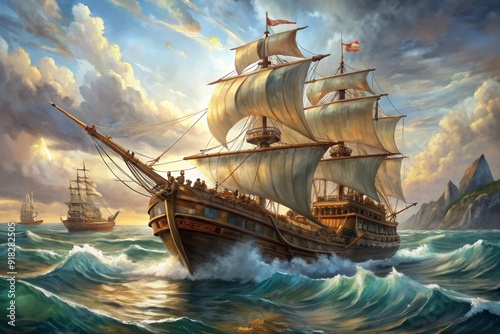 A painting of a large ship sailing in the ocean with a storm in the background