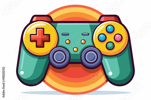 Colorful Cartoon Game Controller on a Sunburst Background