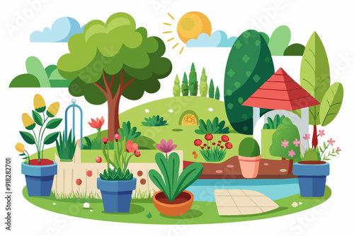 A Vibrant Garden with Potted Plants and Flowers under a Sunny Sky