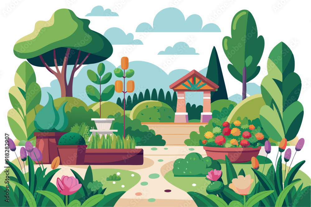 A Colorful Garden with Flowers, Plants, and a Stone Archway A Colorful Garden with Flowers, Plants, and a Stone Archway