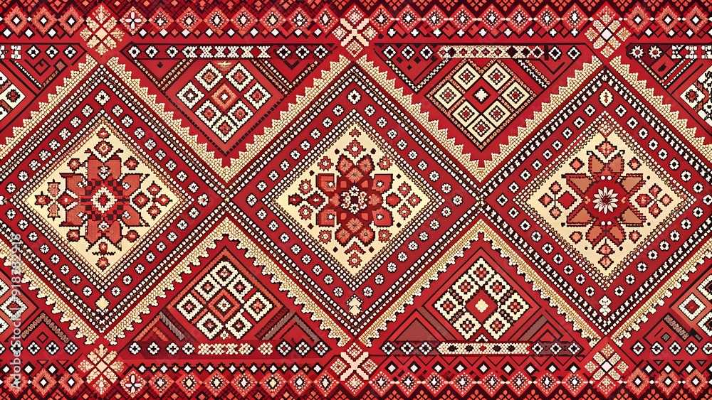 Traditional Kazakh Carpet Design: Red and White Geometric Patterns Generative AI Traditional Kazakh Carpet Design: Red and White Geometric Patterns Generative AI