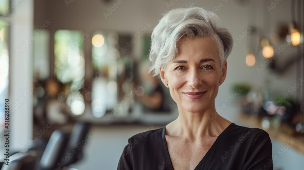 Middle-aged model with a trendy haircut, smiling in a chic hair salon environment. Middle-aged model with a trendy haircut, smiling in a chic hair salon environment.