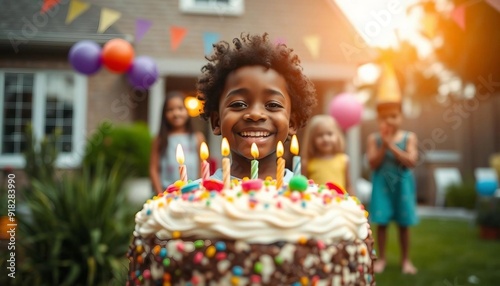 An African American child beams in front of a vibrant birthday cake. Friends and decorations blur in the background, capturing the cheerful celebration.