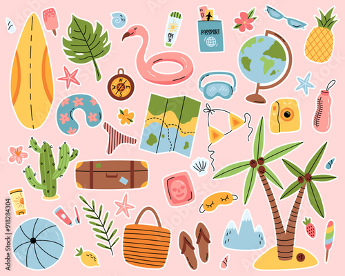 Beach stuff for summer travel stickers set. Vacation accessories for sea holidays. Female items. Tourists objects bundle, suitcases, bags, bikini, map.