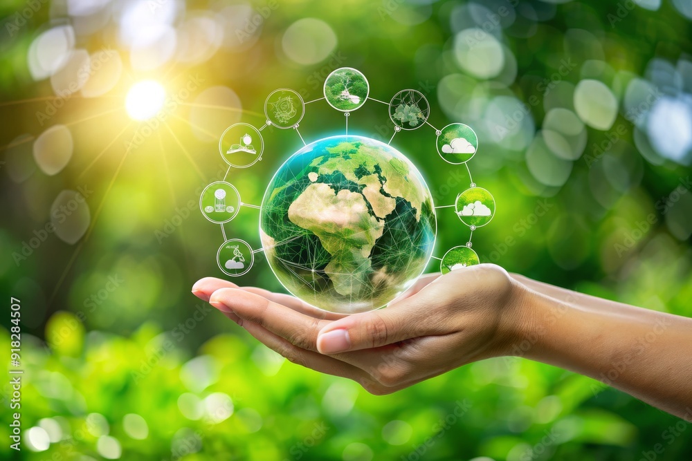 A hand holding a globe with a green planet and a sun in the background A hand holding a globe with a green planet and a sun in the background