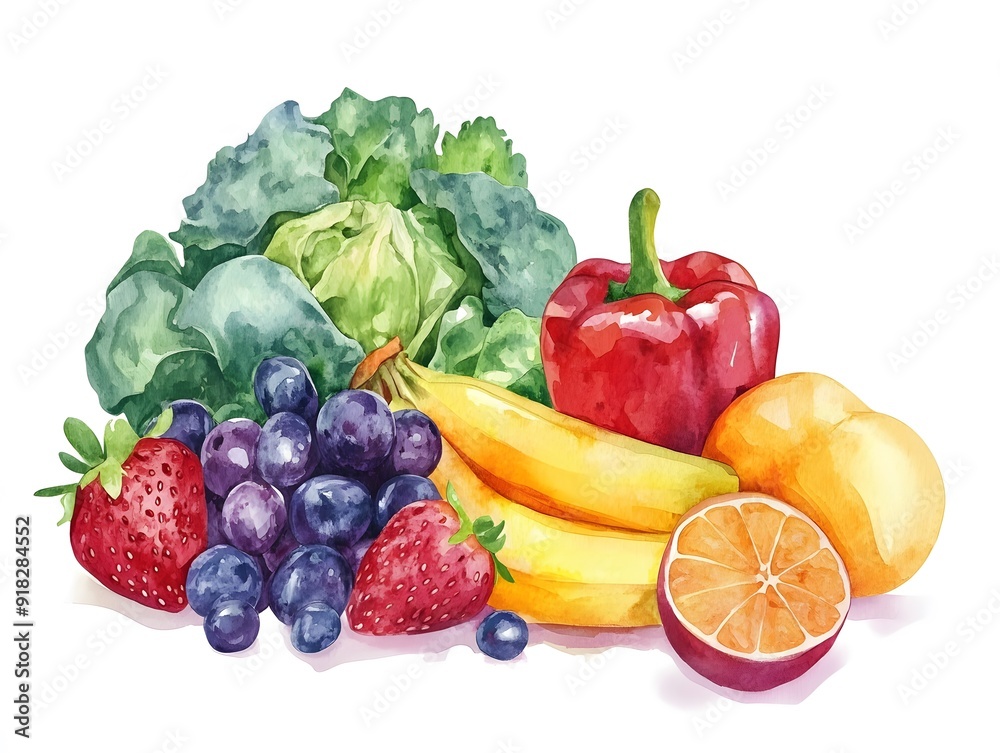 A vibrant watercolor illustration of fresh fruits and vegetables, including grapes, strawberries, bananas, oranges, and bell pepper. A vibrant watercolor illustration of fresh fruits and vegetables, including grapes, strawberries, bananas, oranges, and bell pepper.