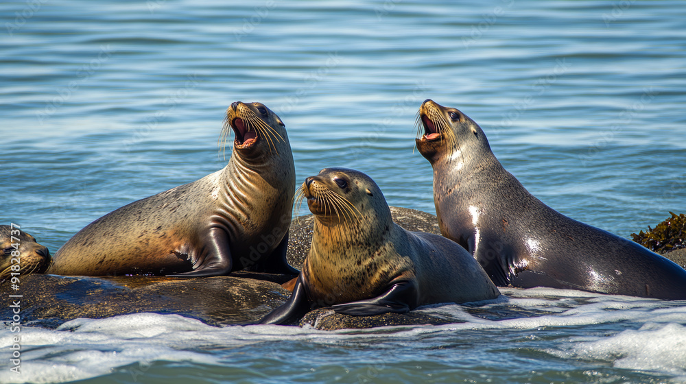 Fototapeta premium Group of Sea Lions Resting on Coastal Rocks by the Ocean