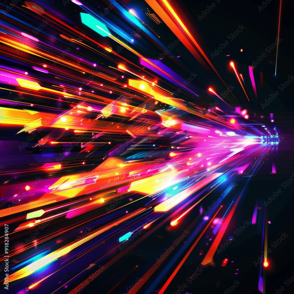 Obraz premium A dynamic scene of abstract high-speed motion with vibrant lights rapid arrows on a dark backdrop