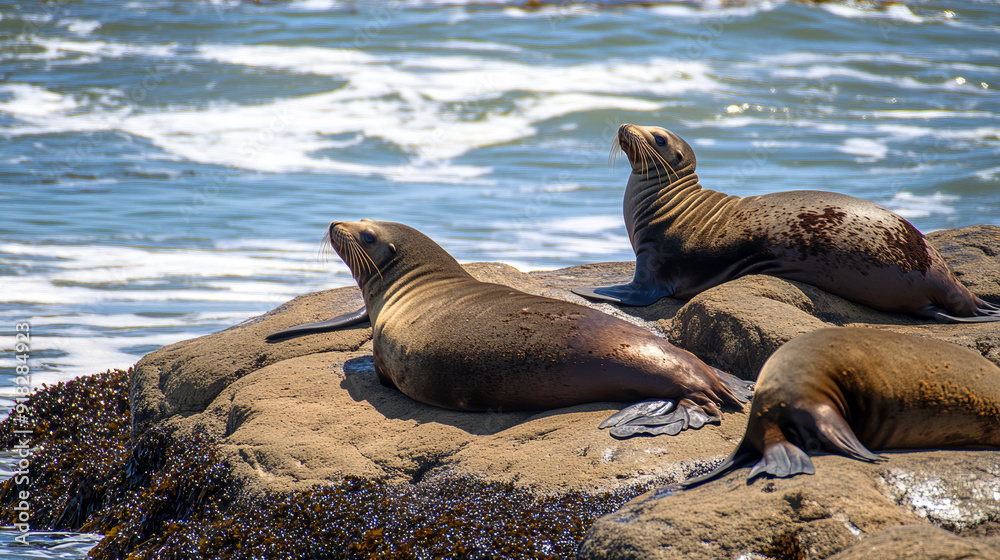 Fototapeta premium Group of Sea Lions Resting on Coastal Rocks by the Ocean